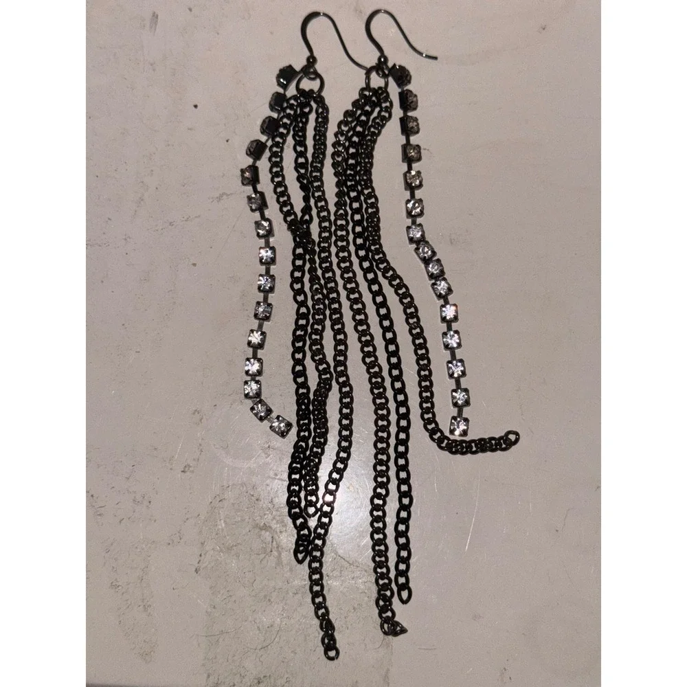 Gunmetal Multi Strand Chain Rhinestone Long Dangle Shoulder Duster Earrings